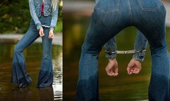 Locked up walking through water in my flared denim jeans