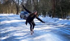 High Heels Mules on Slippery ICE, High Heels Mules on Icy road, Girl in Heels on ICE