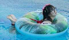 Japanese Girl Roped Tied to Pool Inflatable and Floats in Pool