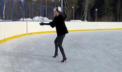 High Heels Mules on ice rink, high heels on ice, slippery high heels on ice, girl on ice rink