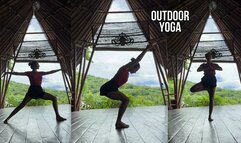 Express yoga outdoor with volcano background