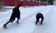 Zanotti heelless on ice, platform shoes on ice, girl on high heels on ice, slippery shoes