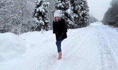 Vika Walking Barefoot on Snow, Barefoot Snow Walking, Frozen Feet, Girl on Snow Barefoot