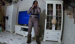 Cheating wife blow her husband friend while waring a hot jumpsuit and a fur hooded downjacket 232