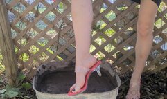 Fifi loses a brand new pair of sexy clear heels with red insoles into calf deep mud *replay*