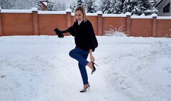 Walking in louboutin on snow and ice, losing straps on shoes, walking in louboutin, shoes on snow, high heels on snow