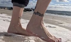 Snowy sandy beach milf feet show, laced up boots and sock removal, red toes, mature feet, soles close-up, foot fetish, size 9