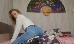 jeans, belt fetish, dry humping on pillow