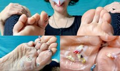 The Giantess goddess caresses tiny people with her feet in cream