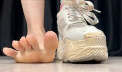 White Sneakers with Dirty Soles on High Platform - One Shoe, Small Feet Size, Foot ToeNail Fetish, Socks Smelling, Pink Short Shorts