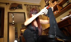 Boot domination and humiliation, ball stomping to clean her dirty boot soles