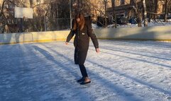 A girl in ballet flats walks on very slippery ice and constantly falls, losing her ballet shoes