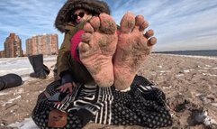 Dirty, sandy feet on snowy beach, NYC feet, Coney Island beach, size 9 milf feet, toesock and boot removal and walking