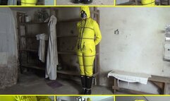 Captive woman in a yellow rain overalls tied up in a cellar