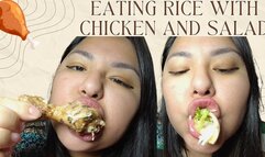 Eating rice with chicken and salad