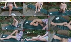 Beautiful dance teacher QQ in a short skirt and ultra-thin skin-colored pantyhose showing her beautiful legs and feet on a park bench