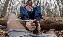 Forest double nut footjob, Jerked his dick back to back with my toes between the trees, huge ropes of cum! milf feet on bbc, his pov