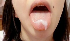 Cute Asian girl chokes on cum after a blowjob with a huge cumshot