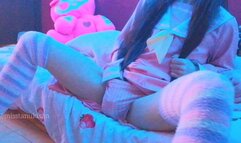 Kawaii Asian girl touching her pussy and humping pillow when parents are home loud moaning