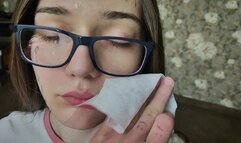 After blowjob, I wiped her face and glasses with a tissue