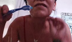 Latina Milf Giantess Lola's Morning Breath Upclose Mouth Fetish bouncy boobs while Toothbrushing Spitting Gargling Tongue Teeth Uvula Fetish