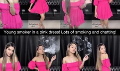 Young spoiled smoker talking about her night out while she smokes in her pink dress