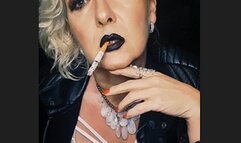 Naughty smoking MILF smokes sloppy her Camel 100 and has lots of spit for you*black lips*leatherjacket*corkcigarette*Vinyl High boots*dominant smoke*