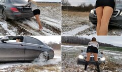 EXCLUSIVE: Russian girl makes crazy drift, hard revving & got hard stuck in mud and snow in luxury Mercedes E-class