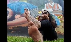 giantess unaware sexy soles barefoot outside toe wiggling wrinkled soles foot fetish spying