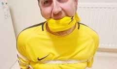 Footballer tied up for over 7 hours 1 -BBW domination, BBW bondage,bound and gagged man,man tied up,amateur,male bondage,man in bondage,soccer kit,football kit,socks,rope bondage,gay bondage,