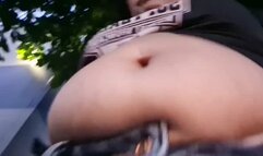 Milf Muffin Top Too Tight Jeans Under Giantess unawares Big Bloated Bouncy Belly as she takes a walk while occassionally fingering her deep BellyButton