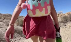 Upskirt teen hiking outdoors on field trip