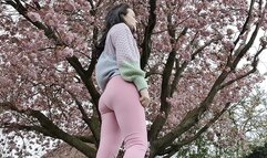 Pink leggings outdoor walking wetting peeing