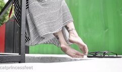 Outside high arch foot tease, dirty soles show, white toes, milf feet