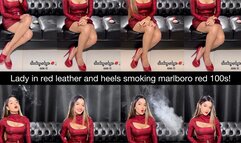 Lady in red! Smoking marlboro red 100s in a red snake skin leather minskirt and top and red leather pump stilettos!