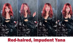 Red-haired Yana, leather, cream smoke, chain smoking and talking exhalations