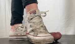 A Shoejob with dirty white sneakers - CBT, Shoejob and some spitting in well worn dirty Converse Chucks - slave - 4k