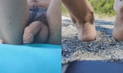 On the public beach, flaccid dick, cock tease and soles