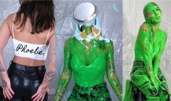 Phoebe Is Green Slimed and Pied in Tight Leather Pants