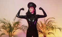 Goddess shows off biceps in a black latex catsuit (4K)