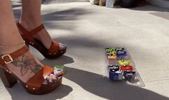 Plastic Toy Cars crush fetish in platform mules