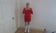 wearing red dress, Stockings and suspenders and boots