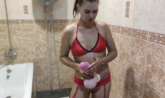 Masturbation with huge dildo in bathroom and squirting