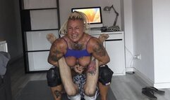 big bbw wrestling coverleaf big boobs thickness muscles domination calves punishment with her huge arms his skinny legs are in danger with her big massive muscular arms