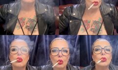 Close up - Marlboro reds - Dangling and Coughing - Genuine leather jacket, Long red fingernails, Red lipstick - Custom no names mentioned