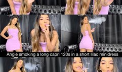 Angie smoking a long capri 120s in a short lilac minidress
