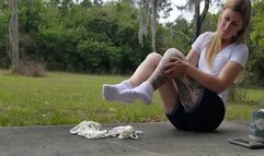 Taking a Break Outside, Catherine Sterling Slips off Sneakers for Socked Self Bondage Hogtie! WMV version