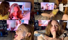 Ginger petite 18 yo porn model gives blowjob and deepthroat to her fan