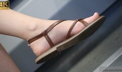 Candid foot fetish, beauty feet in sandals and crossed legs