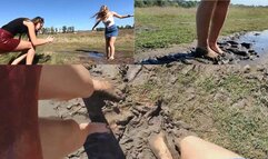 Lucy and Nastya having fun walking in the ankle deep mud